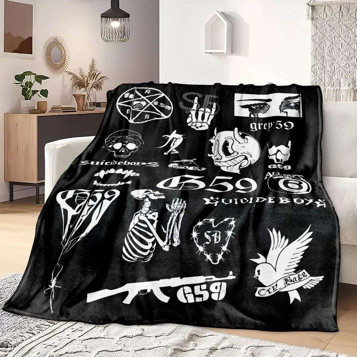 1pc uicideboy G59 Dark Tattoo-style Fleece Blanket, Graphic Throw Blanket, Black & White Skull & Devil Elements Collage Print, Street Goth Subculture Style, Soft Warm Multi-use Throw for Sofa, Bed, Camping, Ideal Gift for Halloween, Christmas & New Year