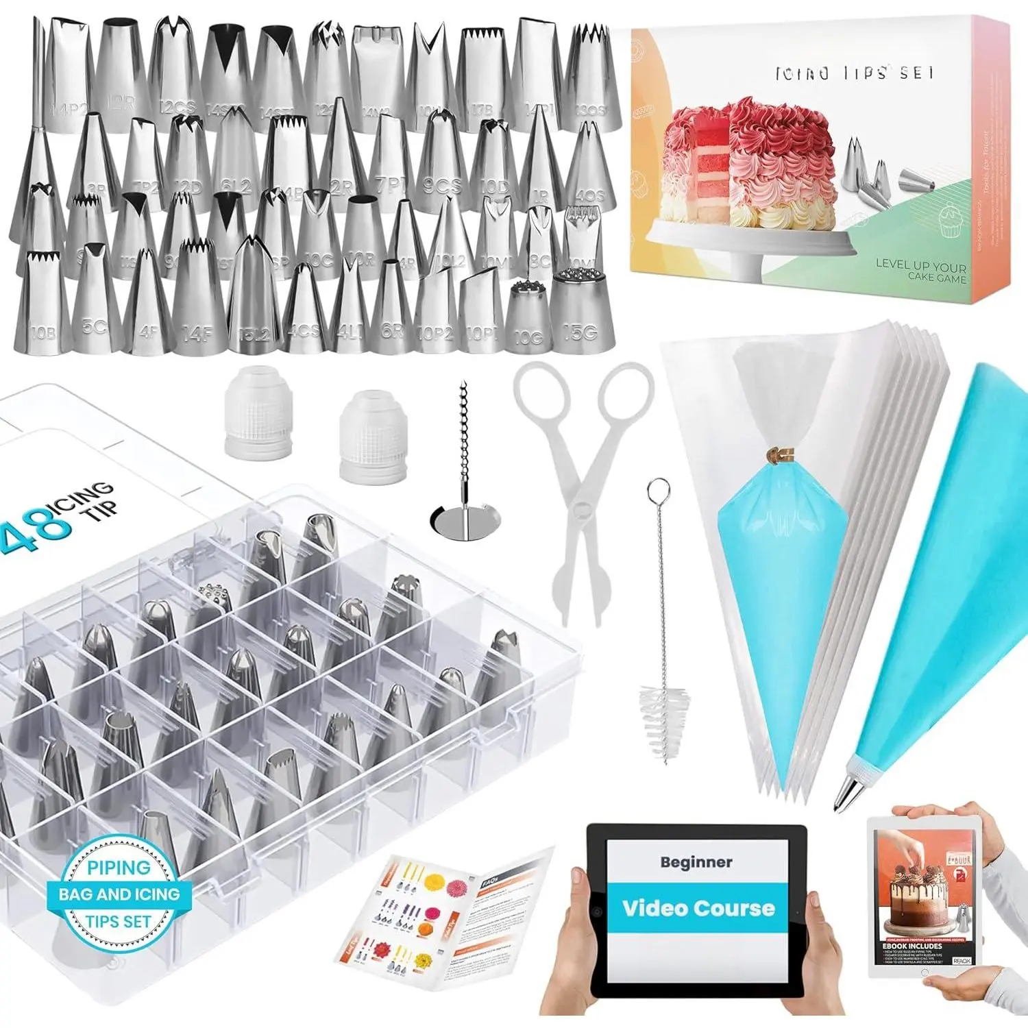 74 PCs Icing Piping Bags and Tips Set Cake Decorating Kit with 48-Numbered 20+1 Pastry for Cookie Cupcake Decoration Booklet E-book