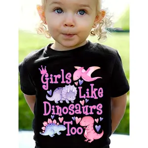 Girls Like Dinosaurs Too" Cotton T-Shirt |   100% Cotton |   Casual Loose Fit |   Round Neck |   Short Sleeve |   Summer Tee with Colorful Dinosaur & Butterfly Print Graphics |   Machine Washable |   Multi-Color Design for Youngsters