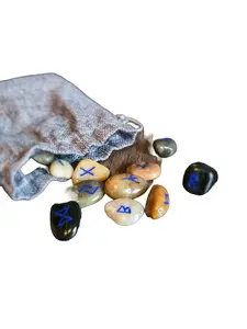 Hand-Engraved River Rock Rune Set – River Spirit Natural Pebble Runes with Grey Drawstring Bag