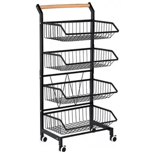 Four-tier storage cart with wheels, rust-proof snack cart, adjustable vegetable and fruit rack, mobile kitchen storage rack, with solid wood handle and 360° mobility.