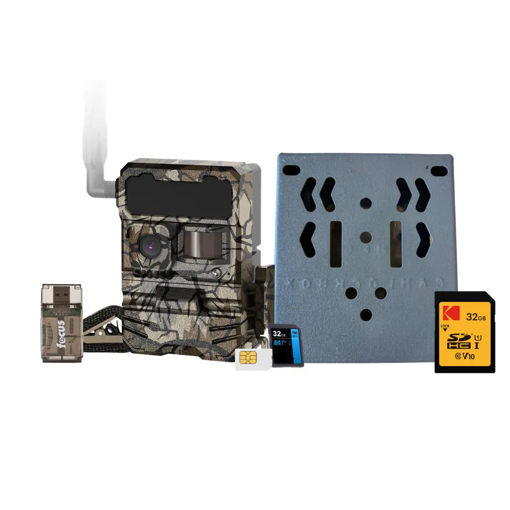 Yellowstone Y2 Wide-Lens Cellular Trail Hunting Camera Bundle - Camouflage Bear-Proof Metal Box, 100-Degree Lens, 0.4-Second Trigger Speed, 1080p Video, SIM Card, Waterproof, AA Batteries, SD Card, Secure Mount, Lifetime Wildlife Monitoring Support