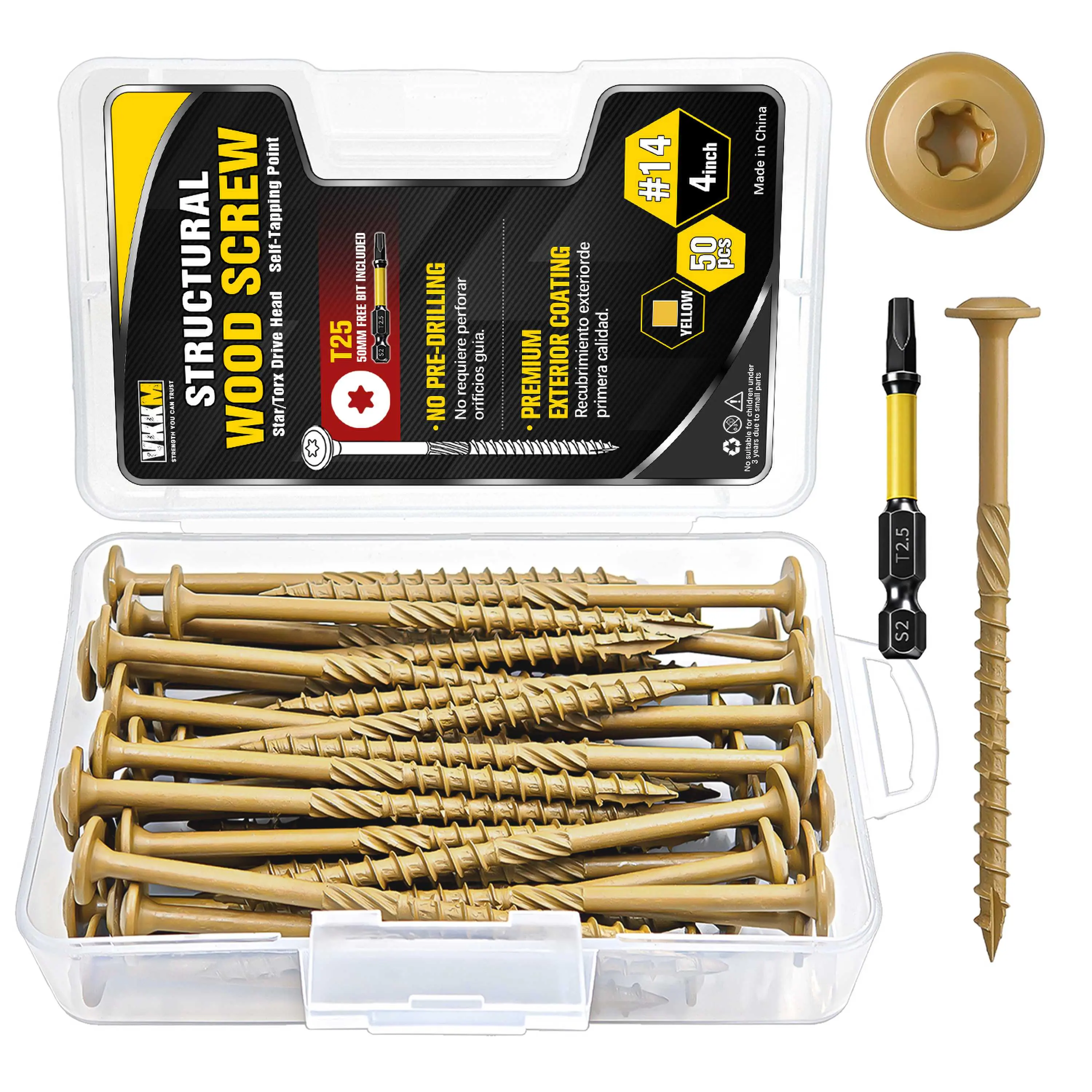 VKKM 50Pcs #14 x 4 Inch Bronze Torx Structural Wood Screws, Hardened Steel Exterior Self Tapping Screws with Free T25 Bit for Indoor Wood Framing, Deck & Heavy Duty Wood Construction Projects