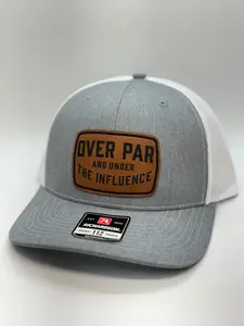OVER PAR and UNDER the INFLUENCE Snapback Trucker Hat Adjustable Golf Performance Cap Gray & White Leather Patch