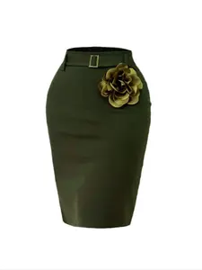 Women's Appliques Belted Split Back Bodycon Skirt, Elegant Casual Skirt, Elegant Solid Color Knee Length Pencil Skirt for Party Holiday Wedding Guest, Ladies Bottoms for All Seasons