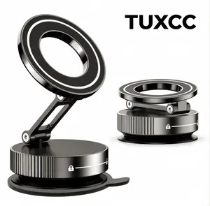 TUXCC Foldable Magnetic Car Phone Mount, Full Metal Vacuum Suction Holder, 360° Adjustable, Strong Anti-Slip Grip, Heat Resistant up to 85°C, Washable & Reusable, Includes Magnetic Ring Compatible with All Smartphones, Not Just MagSafe Phones