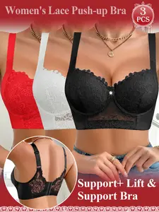 3PCS Women's Lace Elegant Push-Up Bras,Underwire Lift Anti‑sagging Breathable Wide Underband Side & Tummy Smoothing Slimming Adjustable Wide Straps, Soft Comfort Daily Wear