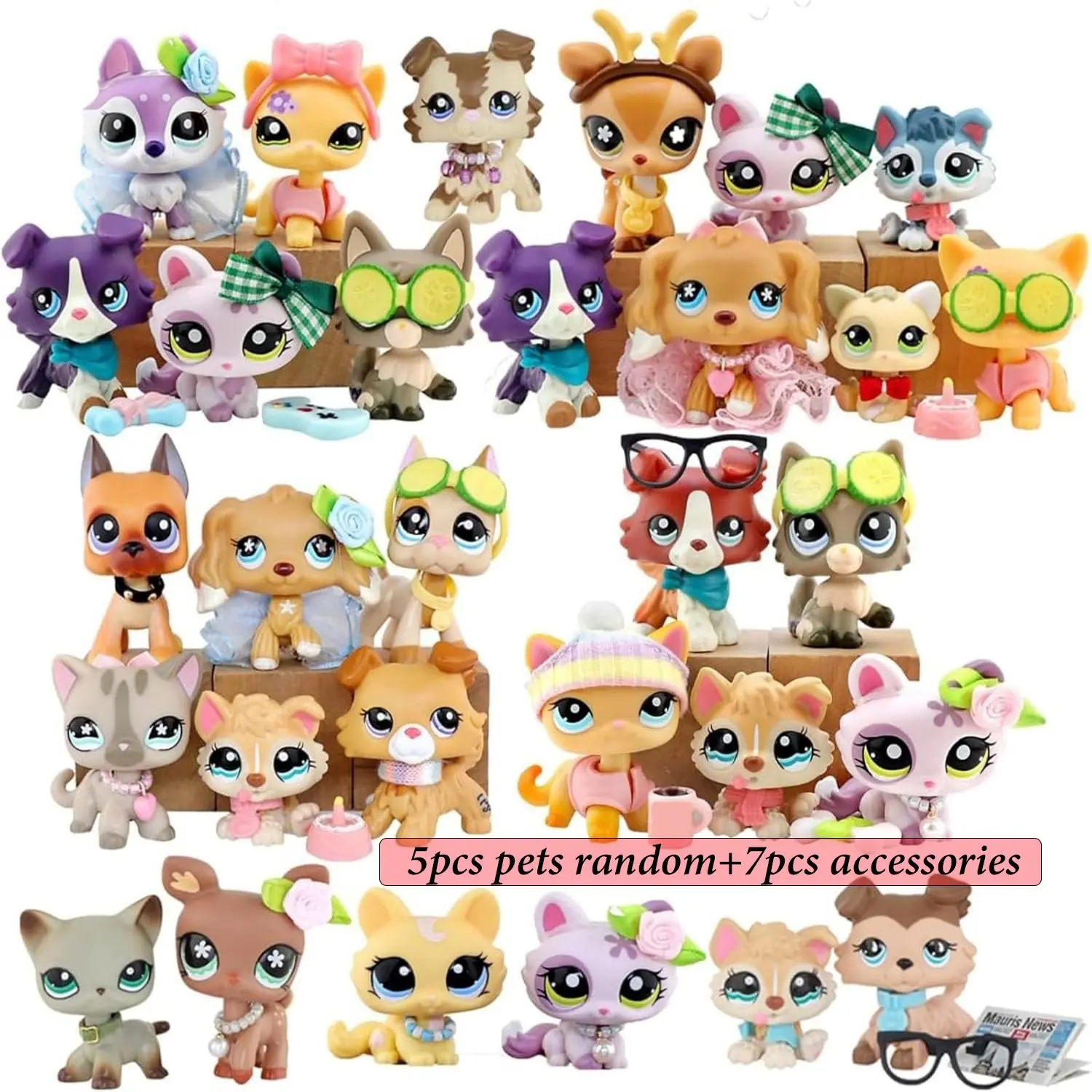 Mini Pet Dolls Set with 5 pcs Random Pets and 7 pcs Random Accessories miniature cat and dog figures Pets and Accessories Setlittlepeta Best Birthday Halloween Christmas Gift for lps Fan Animals Dress Up Dolls Doll Playsets
