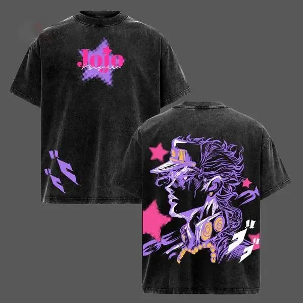 Men's Vintage Washed JoJo's Bizarre Adventure Jotaro Kujo Double-Sided Cotton T-Shirt - Oversized Retro Distressed Anime Graphic, Harajuku Y2K Streetwear, Casual Short-Sleeve Top with Star Platinum Print for Summer