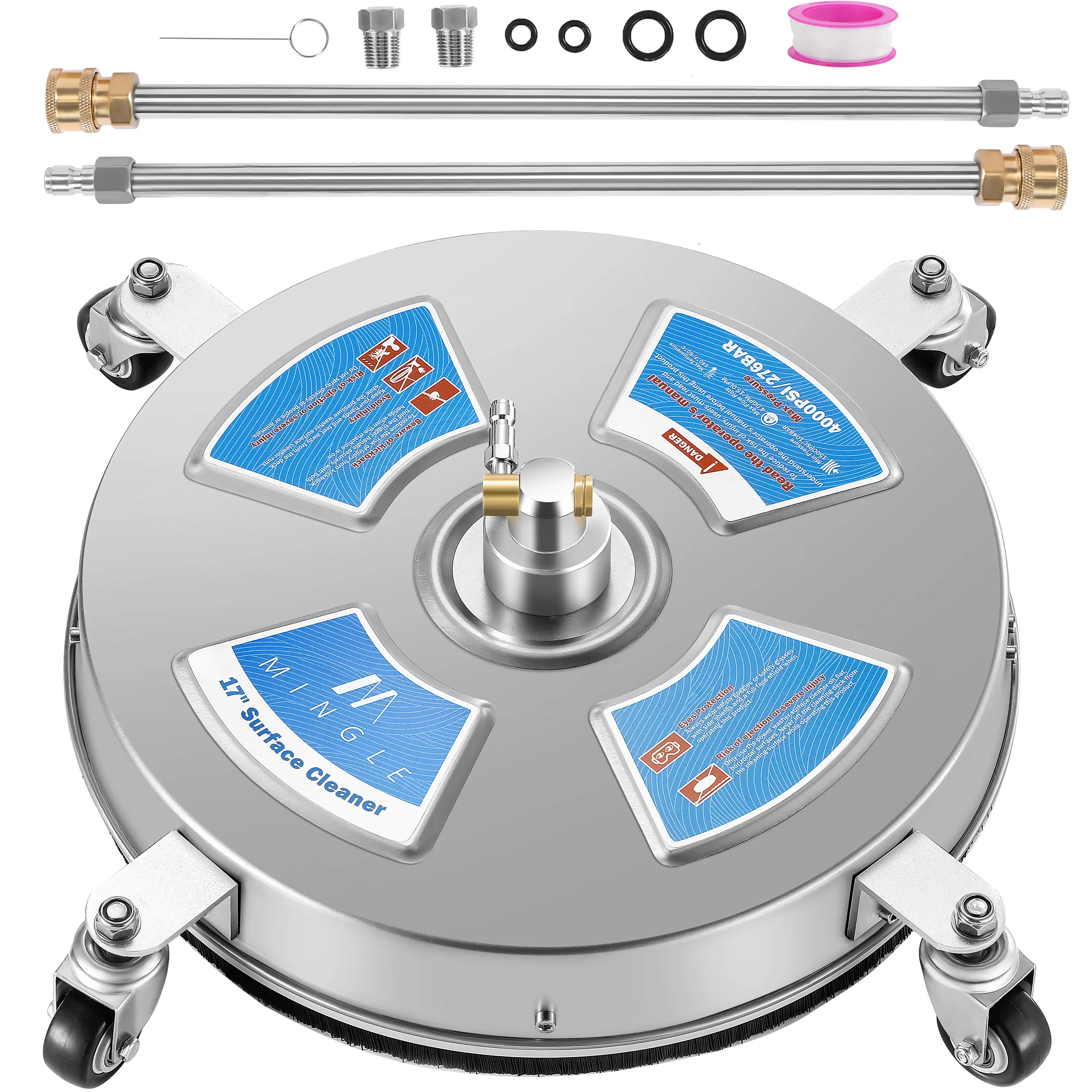 M MINGLE 17'' Pressure Washer Surface Cleaner Attachment with 2 Extension Wand, 1/4''Quick Connect for Easy Pressure Washing,4000PSI, Power Washer Attachment, Pressure Washer Accessories
