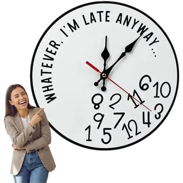12in Large Size Silent Wooden Wall Clock, Funny Sarcastic "Whatever I'm Late Anyway" Decor with Unique Irregular Numbers, Home Decor for Humor Lovers, Suitable for Office Kitchen