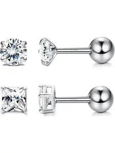 2 Pairs 925 Sterling Silver Stud Earrings Set, Round & Square Cubic Zirconia Earrings, Hypoallergenic Cartilage Tragus Earrings for Men & Women in 3/4/5/6mm