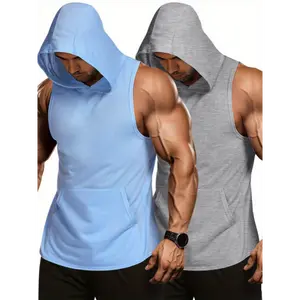 2 Pack Sleeveless Gym Hoodies - Men's Workout Hooded Tank Tops Bodybuilding Muscle Cut Off T Shirt
