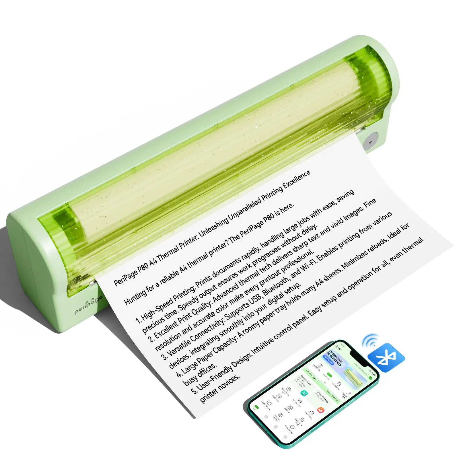 PeriPage P80 Portable Thermal Printer, Wireless Bluetooth Support, 8.5" x 11" US Letter & Legal, Inkless, Compatible with iOS & Android Devices Printing Machine