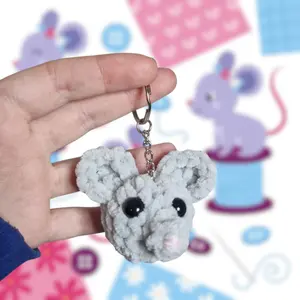 Crochet grey mouse keyring - super soft with safety eyes and keychain