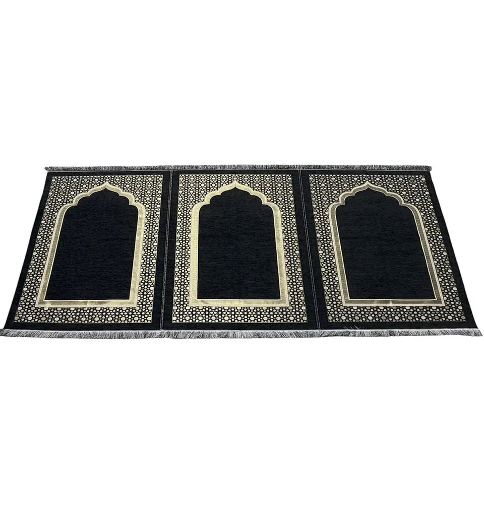 Wide 3 Person Masjid Islamic Prayer Rug - Chenille Embroidered Selcuk Star - Black
