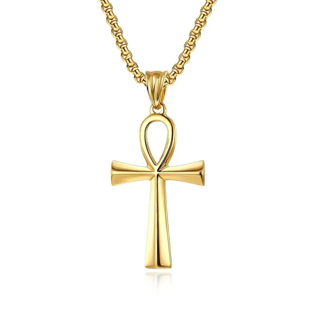 Multiple color options for a vintage Anka cross pendant necklace—a meaningful piece with a fashionable, durable, high-gloss finish; unisex everyday trendy jewelry.