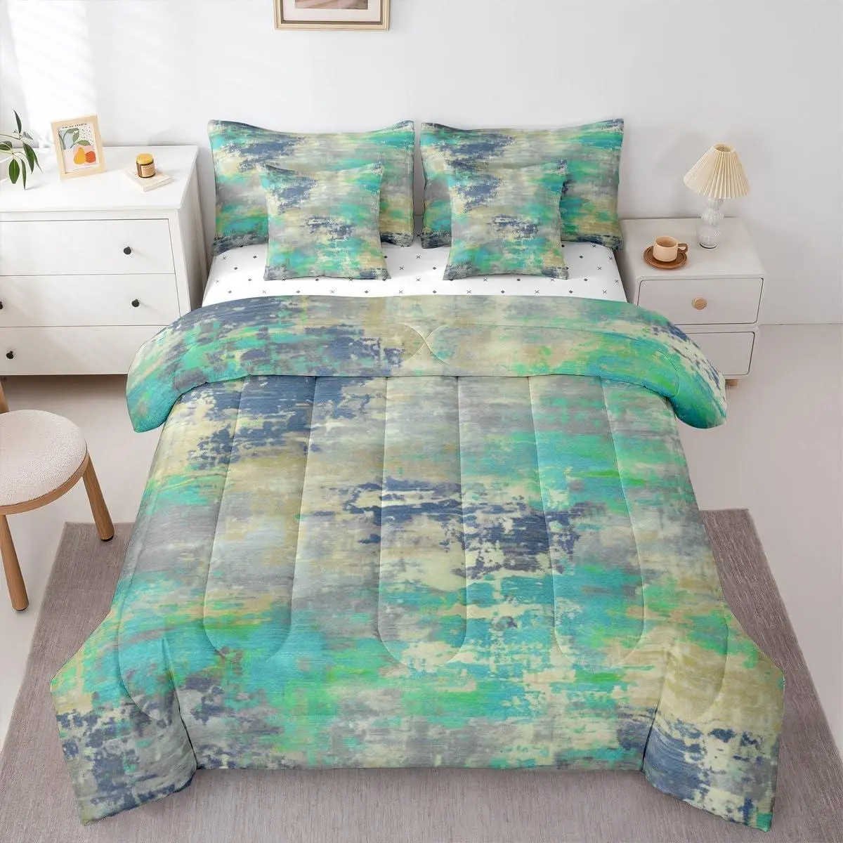 Watercolor Navy Teal Comforter Set,7 Pcs,Modern Abstract Bed in A Bag for Kids Teens Bedroom,Ombre Gradient Reversible Quilt Set,Contemporary Aesthetic Fitted Sheet (Navy Teal,)