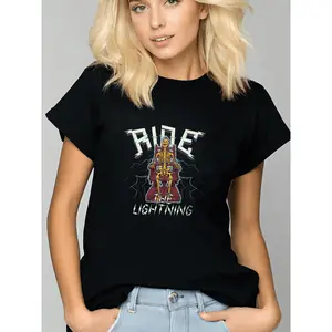 "Ride the Lightning Women's Graphic Tee - Premium 180g Black Cotton Crew Neck Short Sleeve T-Shirt with Bold Electric Chair Skeleton Design, Soft Breathable Fabric Ideal for Casual Wear, Edgy Unique Fashion Statement Top"