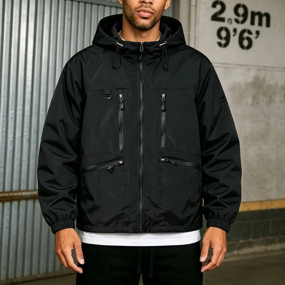 Men’s multi-pocket functional hooded jacket, outdoor windproof drawstring workwear jacket. Menswear Coats, Plain