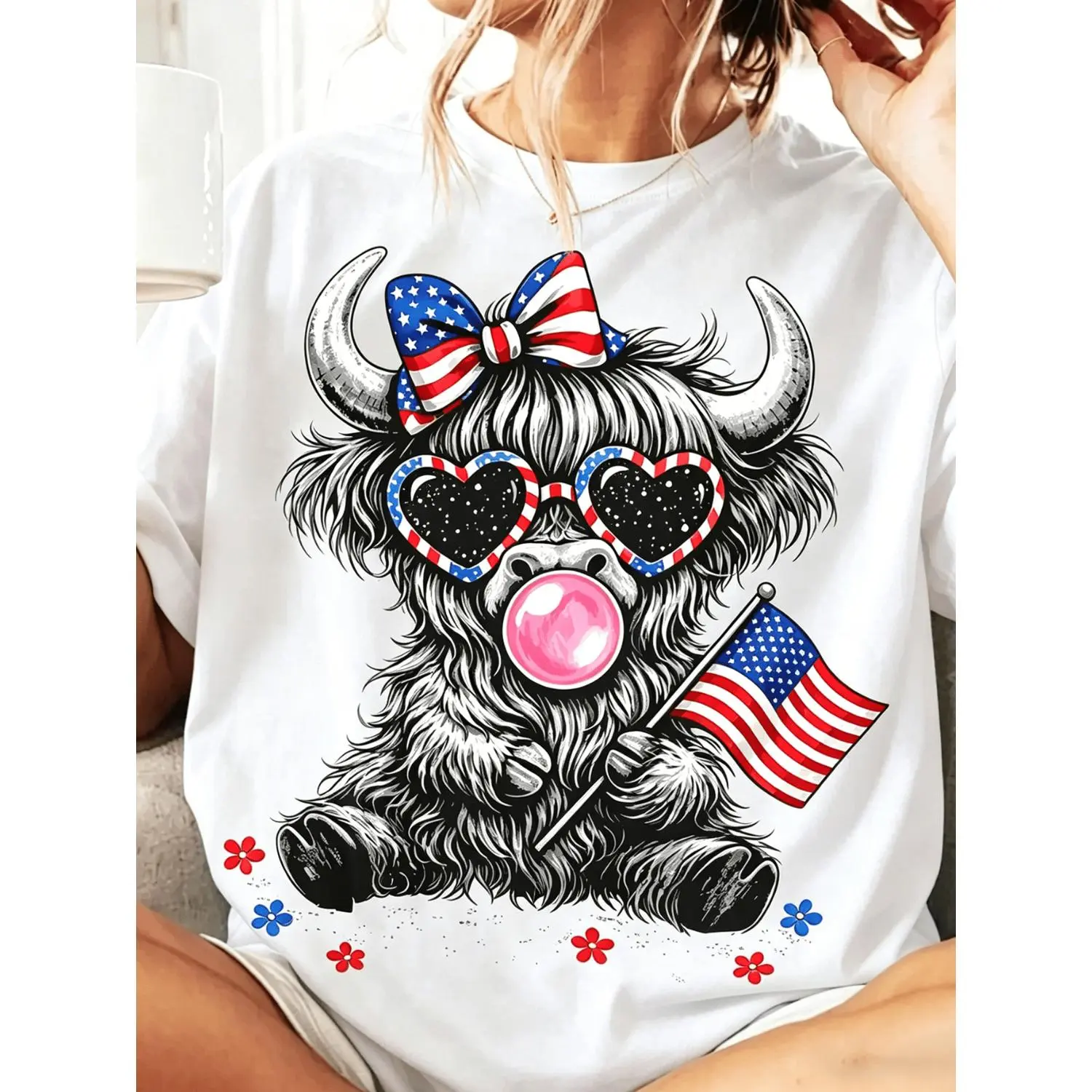 Women's Casual Oversized Soft Cotton Short Sleeve Graphic T-Shirt - Patriotic Highland Cowprint, Digital Print, Streetwear, Lightweight, True Size, Size Up for Loose, 4th of July Wear, All-Season Tops