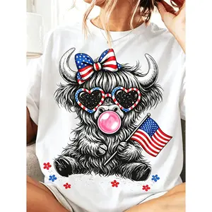 Patriotic Cotton T-shirt Featuring Highland Cattle July 4Th Bow July 4Th Cow American Flag Cow American Cowgirl Independence Day Fashionable Animal