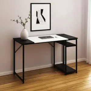 360 stand 47 in. Rectangular Medium-Size H-Shaped Base Sturdy Home Office Desk, Black & White Wood-Metal Frame, Industrial Style, Open Shelves Storage, Office Furniture, Home Office Desks