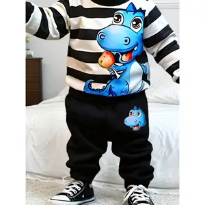 Boys' Autumn/Winter Cute Cartoon Dinosaur Print Striped Hooded Sweatshirt + Black Dinosaur Print Sweatpants 2pcs Set, Perfect Outdoor