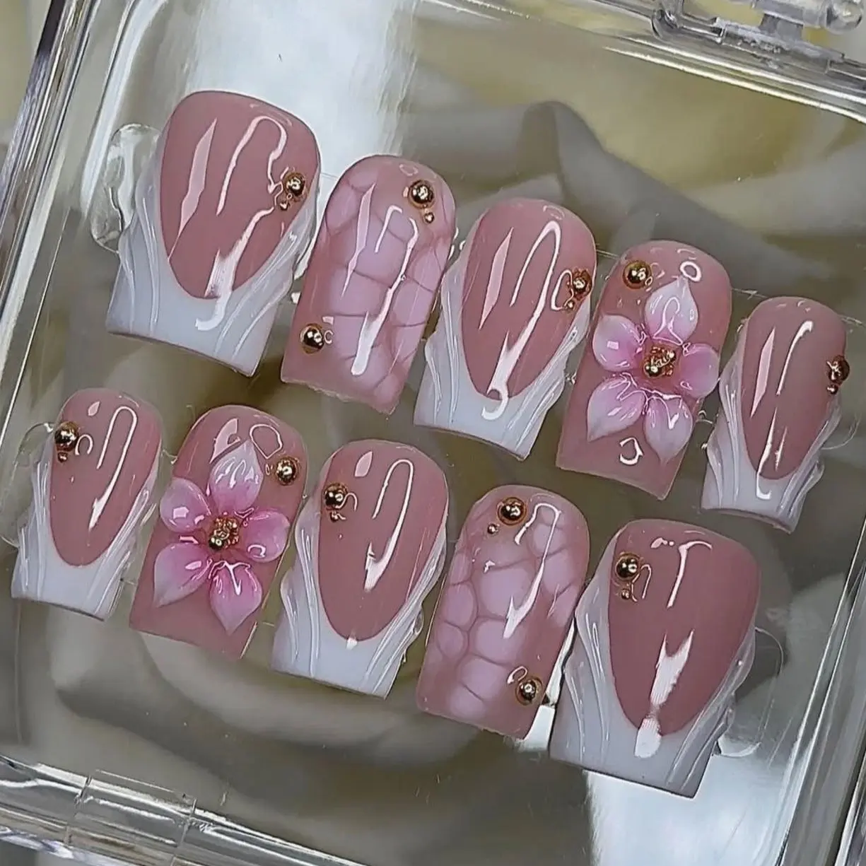 Dusty Rose Press On Nails, White Marble French Tips, 3D Blossom Accent, Gold Bead Details, Elegant Handmade Nail Set