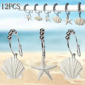 [12 Pcs Rust Resistant Hooks] 12 Pcs Starfish and Seashell Stainless Steel,Glide Shower Curtain Ring Hangs Holder for Bathroom Home Decor Iron Hanging summervibes