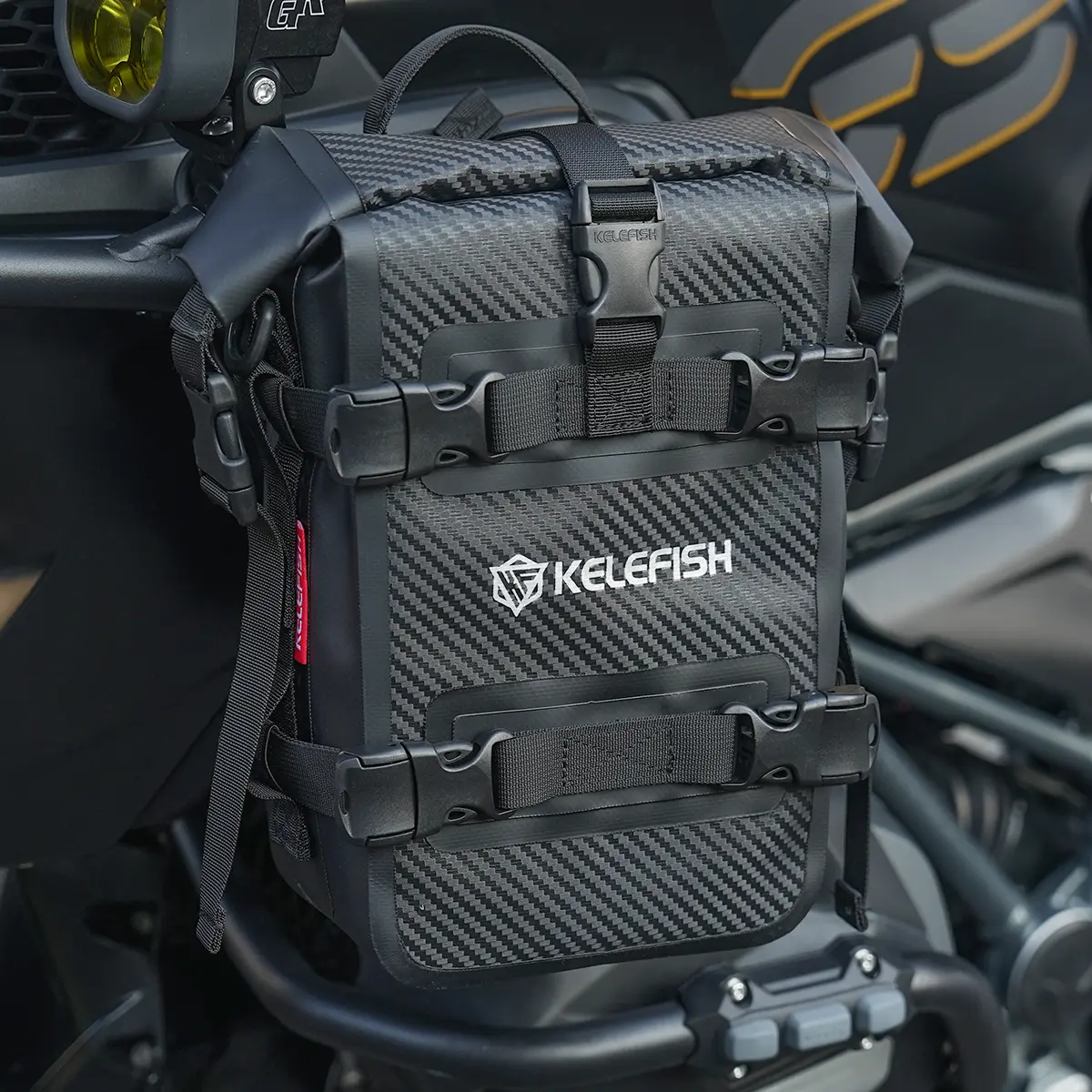 KELEFISH Durable Waterproof Motorcycle Rear Seat Tail Bag  with Support Plate, Bumper Bag， Motorcycle Side Bag, Anti-collision Bag, Tool Bag,Crash Bar Bag,Repair Tool Storage- Motorbike Bumper Frame Bag ，Black carbon fiber