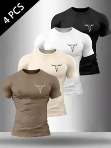 Men's Bull Head Graphic Print Round Neck Short Sleeve T-Shirt 4-Pack, Casual Classic Comfortable Top for Summer Outdoor Wear, 4 Pieces Set, Menswear, Animal Head Tee