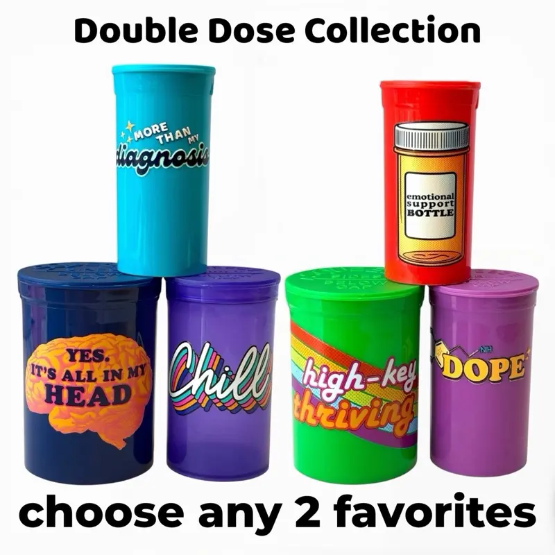 The Happy Pills Co. Double Dose 6-Piece Set Pop-Top Novelty Storage Bottles - Fun Decorative Containers For Small Item Organization