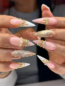 Golden 3D Filigree Luxury Long Stiletto Press On Nails | Royal Jewelry Bridal Wedding Nails | Elegant Champagne Glitter Nails | Nail Rings