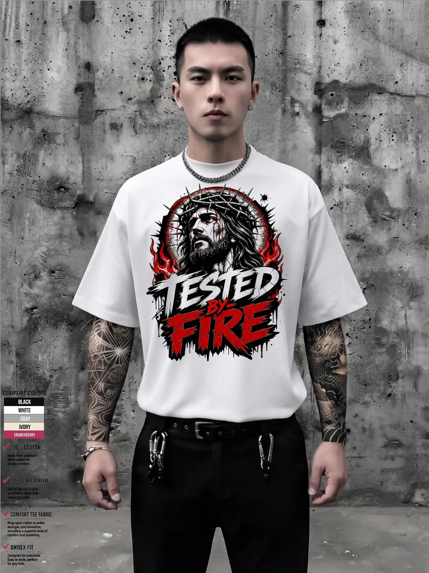 Tested By Fire PNG Christian Streetwear Design Jesus Graffiti DTF Transfer Urban Faith Shirt PNG