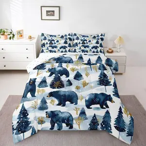 Rustic Bear Comforter Set for Girls | Jungle Hunting Farmhouse Wildlife Bedding Set,Wild Animals Down Comforter Winter Snowflakes Pine Trees Duvet Insert,