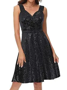 GRACE KARIN Sleeveless Sexy Sequin Glitter A-Line Wedding Swing Dress Black Size S
