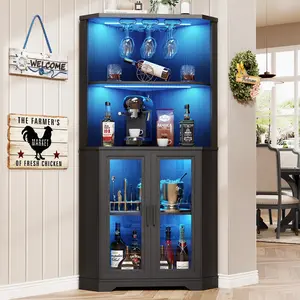 BROTTAR Corner Bar Cabinet with LED Lights, 65" Tall Wine Cabinet with Glass Holder & Tempered Glass Door, 4-Tier Liquor Alcohol Cabinet & Coffee Bar with Human Body Sensor for Dining Room, Black