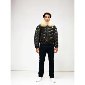 Original Goose Country Men's Puffer Leather Bomber Jacket with Down Filling