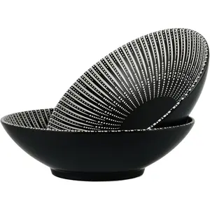 8 Inch Ceramic Bowl Set of 2, Classic Black and White Pasta Bowl,Salad Bowls,Fruit bowl with Embossed Textured Interior, Microwave & Dishwasher Safe, for Ramen, Udon, Pho, Cereal, Serving(Black-Dots)