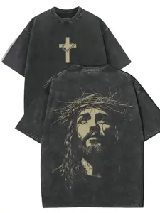 260g Heavyweight Vintage Washed Jesus Crown of Thorns Front & Back Graphic T-Shirt 100% Cotton Breathable Moisture-Wicking Acid Washed Tee Christian Faith Religious Oversized Streetwear Top for Men Women, Oversize, T Shirts