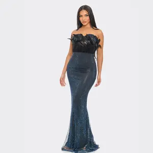 Strapless Blue Rhinestone Feather Mermaid Gown – Elegant Evening & Prom Dress