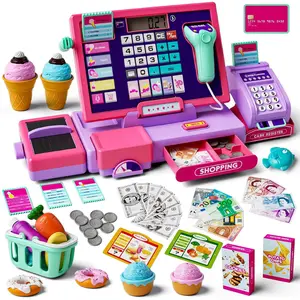 Kids Cash Register Toy for Boys Girls, Toddler Pretend Play Cashier Register with Shop Accessories, Calculator Cash Register with Scanner/Credit Card (Pink)