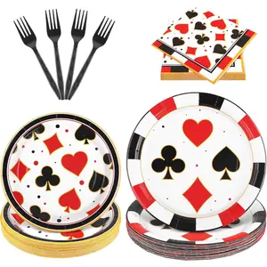 Kochorie 96 Pieces Casino Theme Tableware Set Casino Poker Party Supplies Including Paper Plates Napkins Forks Serves 24 Guests for Poker Card Game Playing Club Las Vegas Birthday Party Decorations