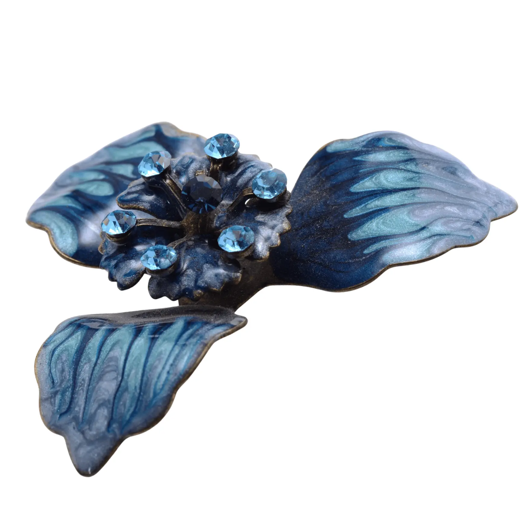 Vintage Blue Enamel Floral Brooch with Light Blue Rhinestones - 13x42mm Antique Glass Pin