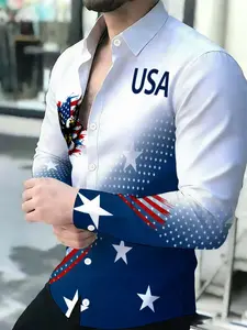 Men's American Flag Eagle USA Print Breathable Collared Long Sleeve Cardigan Casual Graphic Shirt