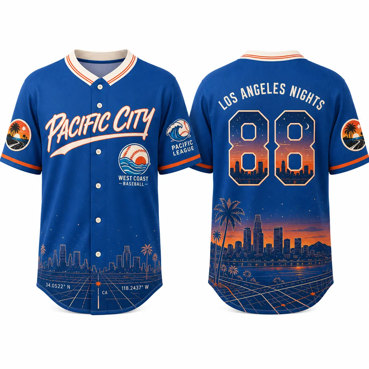 Unisex Pacific Coast Sunset Button-Down Baseball Shirt - Short Sleeve Tops with Blue Orange City Skyline 88 Graphic, Casual Professional Sports Clothing, S-5XL Size (Graphic Print Included)