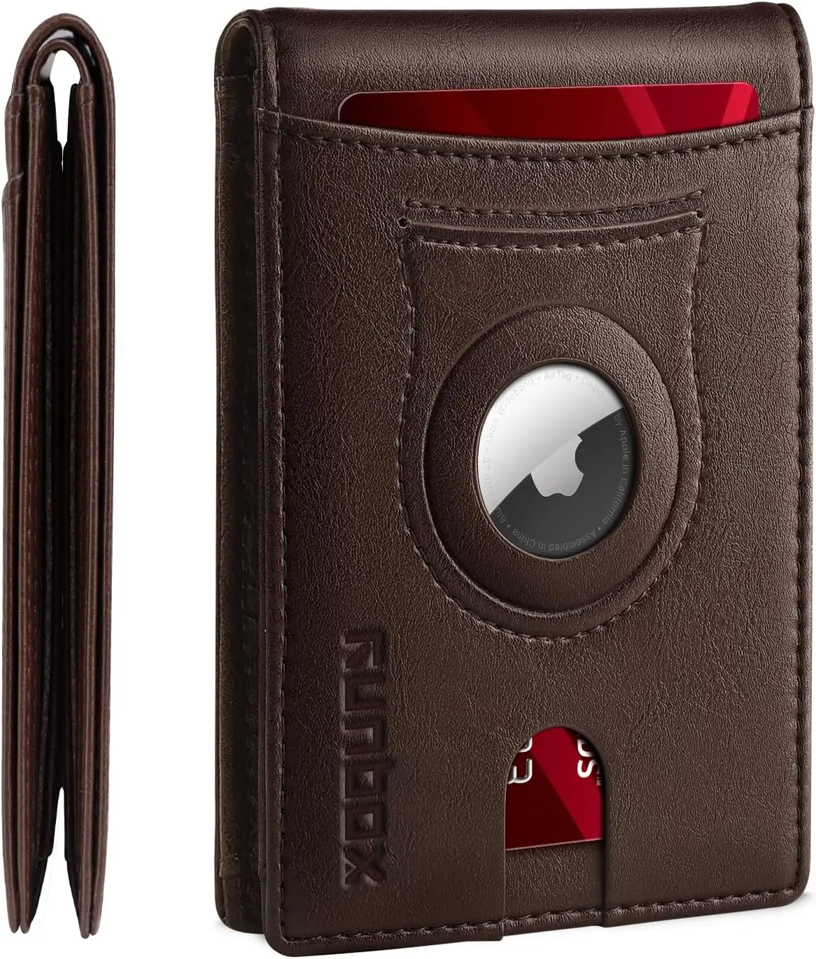 RUNBOX Men's Genuine Leather Slim Wallet, AirTag-Compatible Bifold Card Holder, RFID Blocking, Cash Bill Compartment, Minimalist Design for Everyday Carry, Gift for Fathers & Men