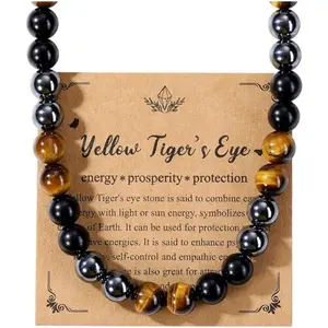 Men Healing Crystal Necklace Obsidian Tigers Eye Hematite Beaded Necklace Natural Stone Beads Necklace for Men