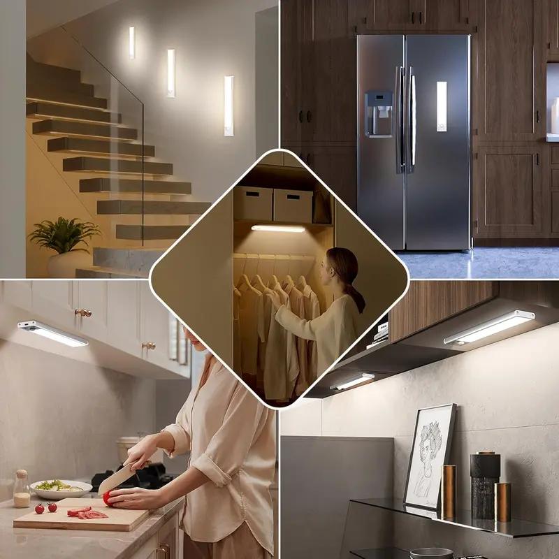 LED Motion Sensor Lights 4 Pack USB Rechargeable Magnetic Closet Under Cabinet Night Light 3 Color Temperatures Stepless Dimming Energy Saving for Kitchen Stairs Wardrobe Pantry Coffee Corner Bathroom Sink Cabine